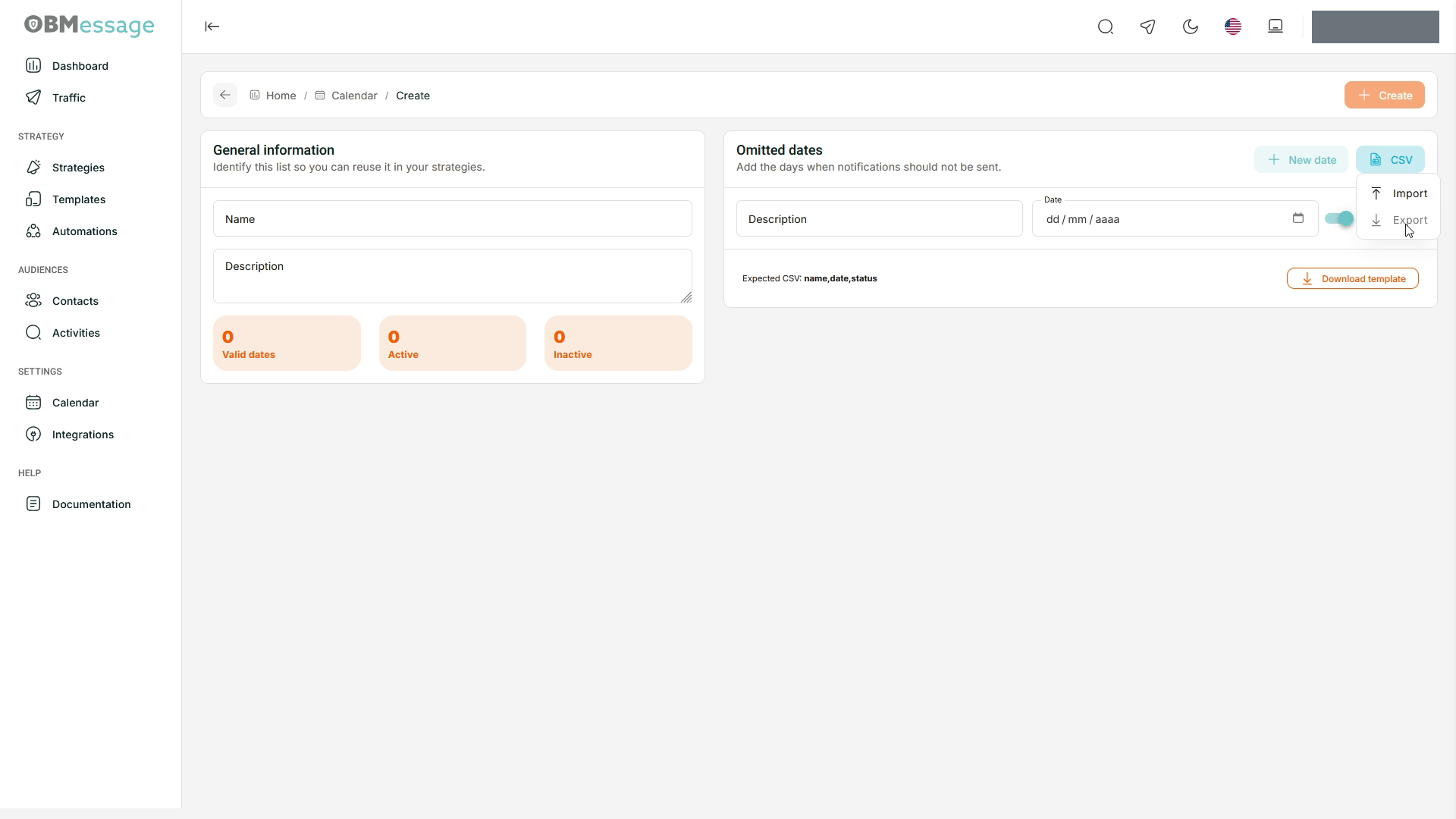 Calendar: CSV Import and Export menu