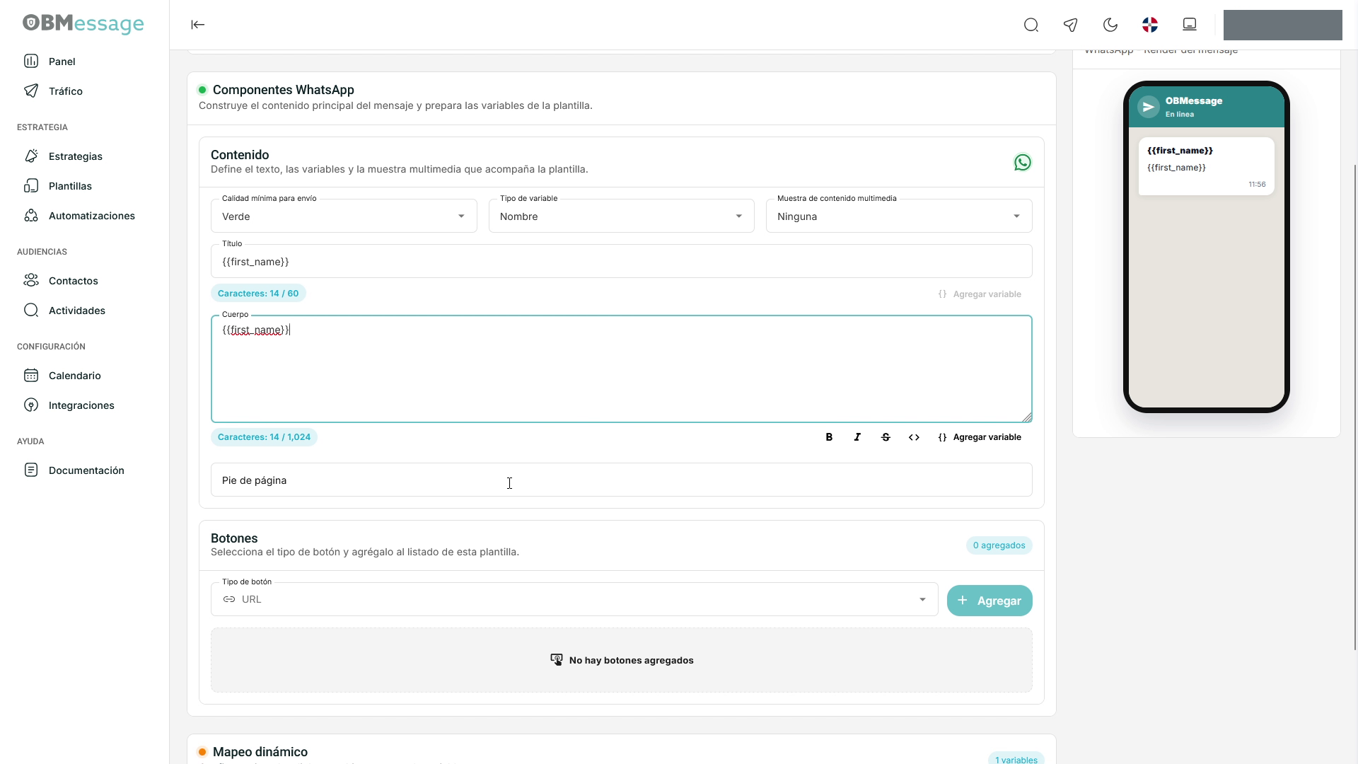 WhatsApp: variable en título y cuerpo reflejada en vista previa